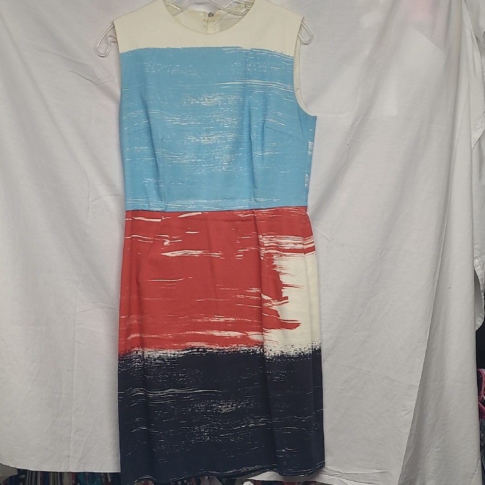 Lands' End Sleeveless Brushstroke Midi Dress in Sky Blue, Coral and Navy